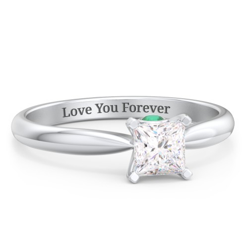 1/2 ct. Princess Gemstone Peek-A-Boo Engagement Ring with Tapered Band – Sterling Silver with White Premium Zirconia and Emerald
