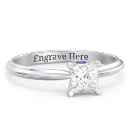 1/2 ct. Princess Gemstone Peek-A-Boo Engagement Ring with Ridged Band in 925 Sterling Silver with White Premium Zirconia and Blue Sapphire
