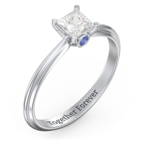 1/2 ct. Princess Gemstone Peek-A-Boo Engagement Ring with Ridged Band – Sterling Silver with White Premium Zirconia and Blue Sapphire