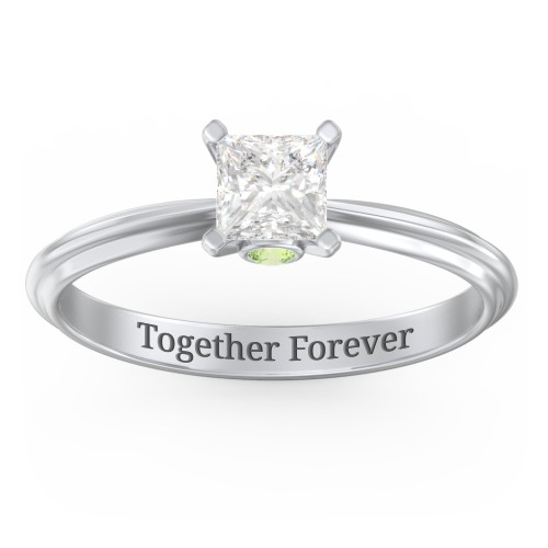 1/2 ct. Princess Gemstone Peek-A-Boo Engagement Ring with Ridged Band – Sterling Silver with White Premium Zirconia and Peridot