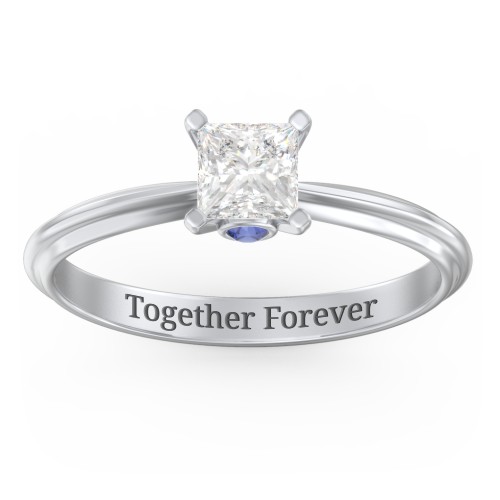 1/2 ct. Princess Gemstone Peek-A-Boo Engagement Ring with Ridged Band – Sterling Silver with White Premium Zirconia and Blue Sapphire
