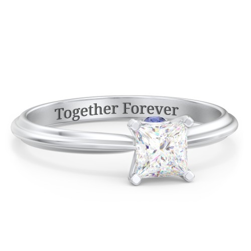 1/2 ct. Princess Gemstone Peek-A-Boo Engagement Ring with Ridged Band – Sterling Silver with White Premium Zirconia and Blue Sapphire