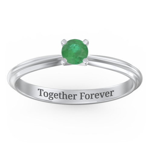 1/4 ct. Round Gemstone Engagement Ring with Ridged Band – Sterling Silver with Emerald