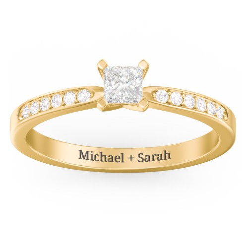 1/4 ct. Princess Gemstone Engagement Ring with Side Accent Stones – 10K Yellow Gold with White Premium Zirconia