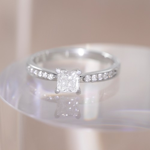 1/2 ct. Princess Gemstone Engagement Ring with Side Accent Stones – 10K Yellow Gold with White Premium Zirconia
