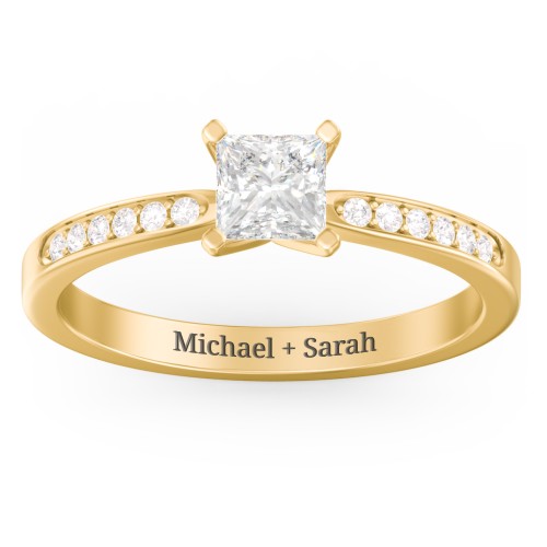 1/2 ct. Princess Gemstone Engagement Ring with Side Accent Stones – 10K Yellow Gold with White Premium Zirconia