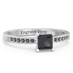 1/2 ct. Princess Gemstone Peek-A-Boo Engagement Ring with Side Accent Stones in 925 Sterling Silver with Black Premium Zirconia and Alexandrite