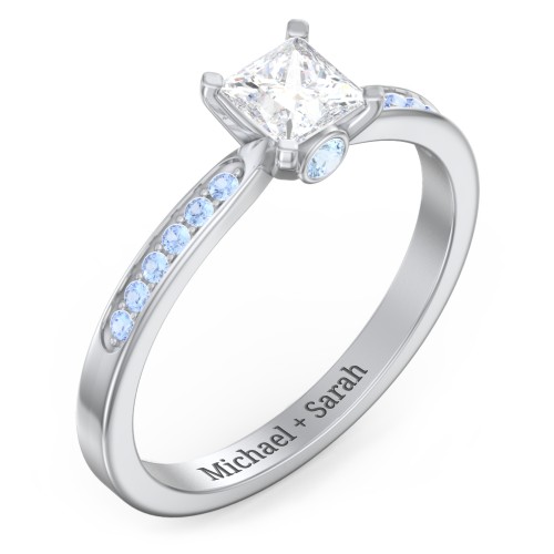 1/2 ct. Princess Gemstone Peek-A-Boo Engagement Ring with Side Accent Stones – Sterling Silver with White Premium Zirconia, Fancy Blue Premium Zirconia, and Blue Topaz