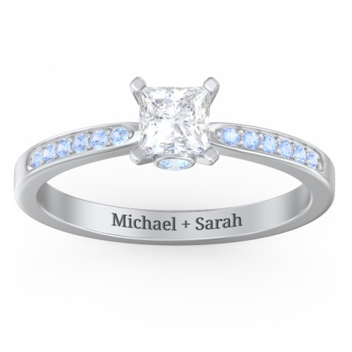1/2 ct. Princess Gemstone Peek-A-Boo Engagement Ring with Side Accent Stones – Sterling Silver with White Premium Zirconia, Fancy Blue Premium Zirconia, and Blue Topaz