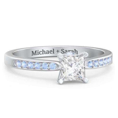 1/2 ct. Princess Gemstone Peek-A-Boo Engagement Ring with Side Accent Stones – Sterling Silver with White Premium Zirconia, Fancy Blue Premium Zirconia, and Blue Topaz