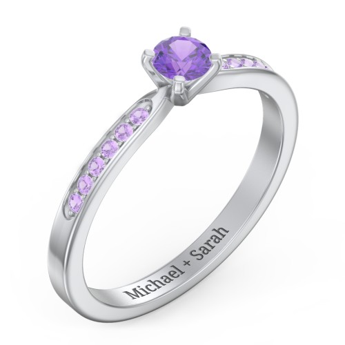 1/4 ct. Round Gemstone Engagement Ring with Side Accent Stones – Sterling Silver with Amethyst and Amethyst Premium Zirconia