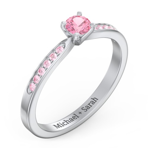 1/4 ct. Round Gemstone Engagement Ring with Side Accent Stones – Sterling Silver with Pink Tourmaline and Fancy Pink Premium Zirconia