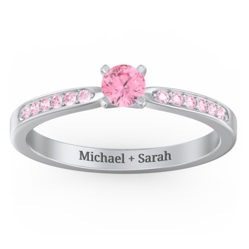 1/4 ct. Round Gemstone Engagement Ring with Side Accent Stones – Sterling Silver with Pink Tourmaline and Fancy Pink Premium Zirconia