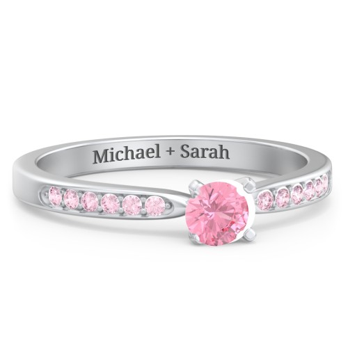 1/4 ct. Round Gemstone Engagement Ring with Side Accent Stones – Sterling Silver with Pink Tourmaline and Fancy Pink Premium Zirconia