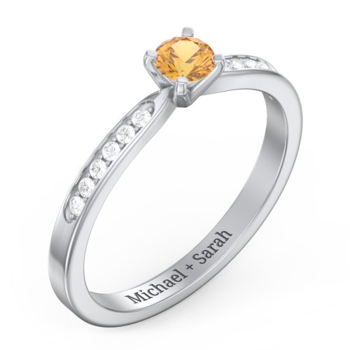 1/4 ct. Round Gemstone Engagement Ring with Side Accent Stones – Sterling Silver with Citrine and White Premium Zirconia