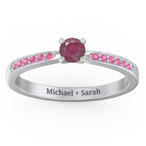 1/4 ct. Round Gemstone Engagement Ring with Side Accent Stones – Sterling Silver with Ruby and Red Premium Zirconia