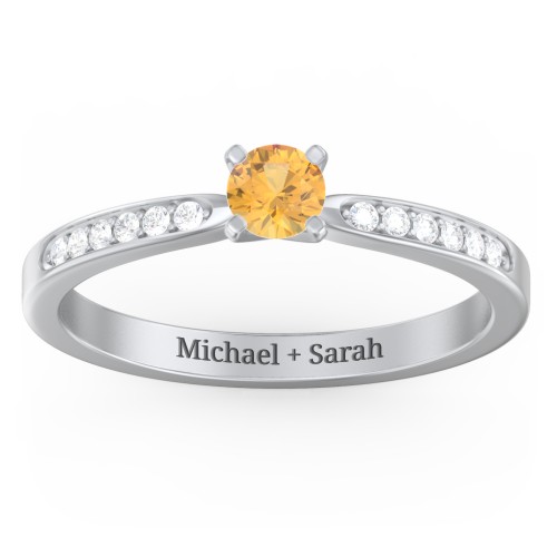 1/4 ct. Round Gemstone Engagement Ring with Side Accent Stones – Sterling Silver with Citrine and White Premium Zirconia