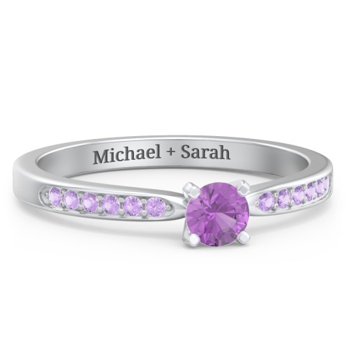 1/4 ct. Round Gemstone Engagement Ring with Side Accent Stones – Sterling Silver with Amethyst and Amethyst Premium Zirconia