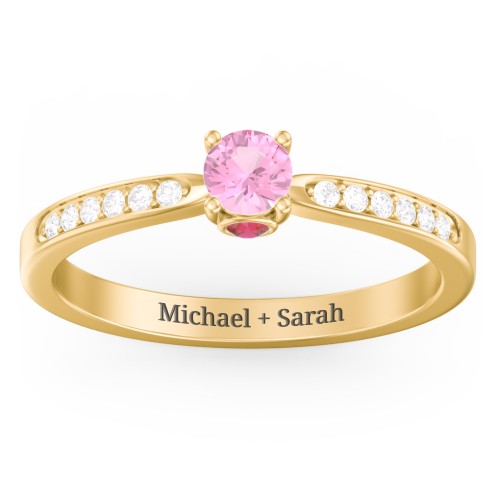 1/4 ct. Round Gemstone Peek-A-Boo Engagement Ring with Side Accent Stones – 10K Yellow Gold with Pink Tourmaline, White Premium Zirconia, and Garnet