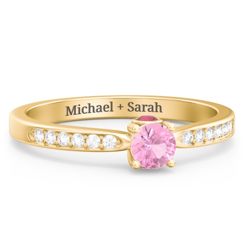 1/4 ct. Round Gemstone Peek-A-Boo Engagement Ring with Side Accent Stones – 10K Yellow Gold with Pink Tourmaline, White Premium Zirconia, and Garnet