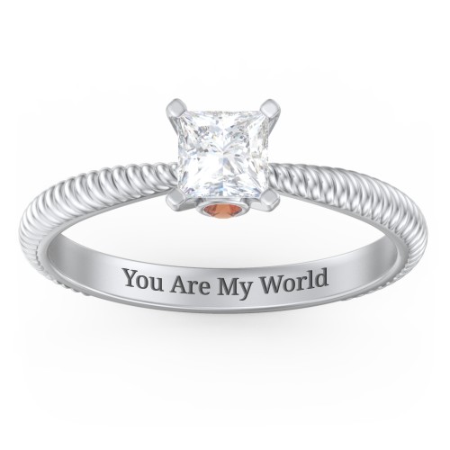 1/2 ct. Princess Gemstone Peek-A-Boo Engagement Ring with Twisted Rope Band – Sterling Silver with White Premium Zirconia and Garnet