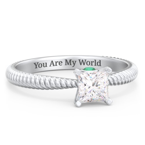 1/2 ct. Princess Gemstone Peek-A-Boo Engagement Ring with Twisted Rope Band – Sterling Silver with White Premium Zirconia and Emerald