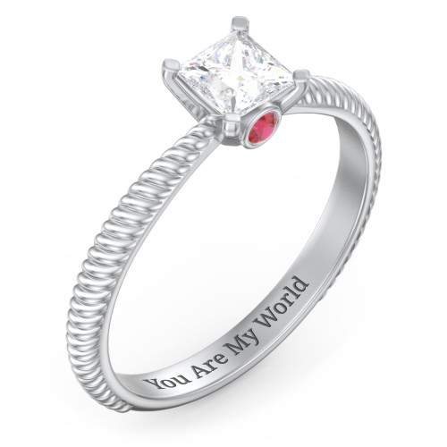 1/2 ct. Princess Gemstone Peek-A-Boo Engagement Ring with Twisted Rope Band – 10K White Gold with White Premium Zirconia and Garnet