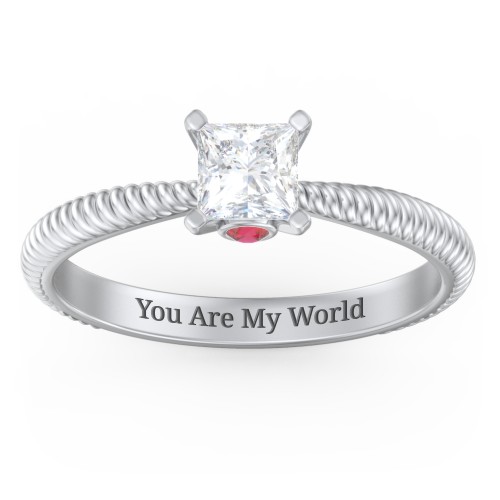 1/2 ct. Princess Gemstone Peek-A-Boo Engagement Ring with Twisted Rope Band – 10K White Gold with White Premium Zirconia and Garnet