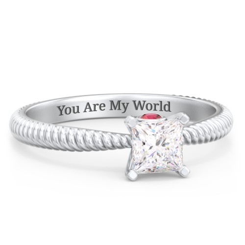 1/2 ct. Princess Gemstone Peek-A-Boo Engagement Ring with Twisted Rope Band – 10K White Gold with White Premium Zirconia and Garnet