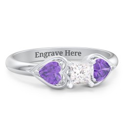 1/4 ct. Princess Gemstone Engagement Ring with Heart Stones in 925 Sterling Silver