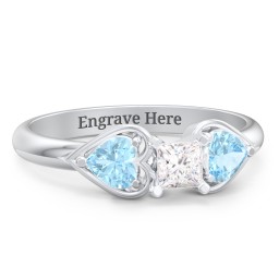1/4 ct. Princess Gemstone Engagement Ring with Heart Stones in 925 Sterling Silver with White Premium Zirconia and Blue Topaz
