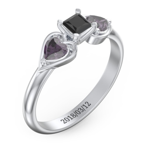 1/4 ct. Princess Gemstone Engagement Ring with Heart Stones – Sterling Silver with Black Premium Zirconia and Alexandrite