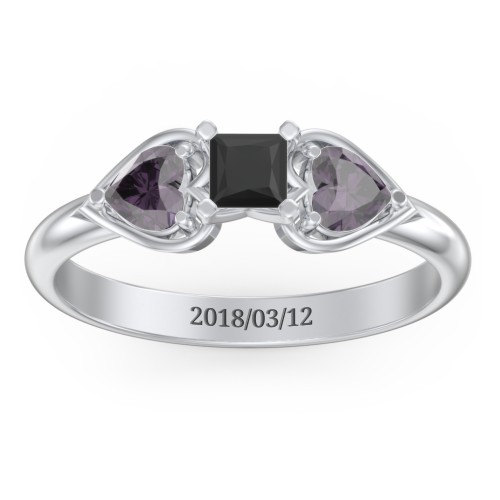 1/4 ct. Princess Gemstone Engagement Ring with Heart Stones – Sterling Silver with Black Premium Zirconia and Alexandrite