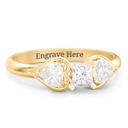1/4 ct. Princess Gemstone Engagement Ring with Heart Stones in 10K Solid Yellow Gold with White Premium Zirconia and Cubic Zirconia