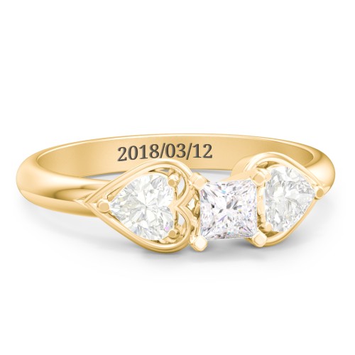 1/4 ct. Princess Gemstone Engagement Ring with Heart Stones – 10K Yellow Gold with White Premium Zirconia and Cubic Zirconia