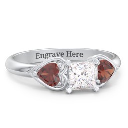 1/2 ct. Princess Gemstone Engagement Ring with Heart Stones in 925 Sterling Silver with White Premium Zirconia and Garnet