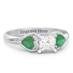 1/2 ct. Princess Gemstone Engagement Ring with Heart Stones in 925 Sterling Silver with White Premium Zirconia and Emerald