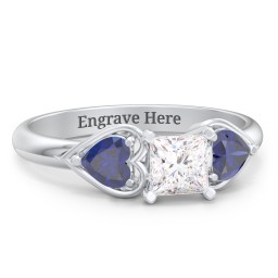 1/2 ct. Princess Gemstone Engagement Ring with Heart Stones in 925 Sterling Silver with White Premium Zirconia and Blue Sapphire