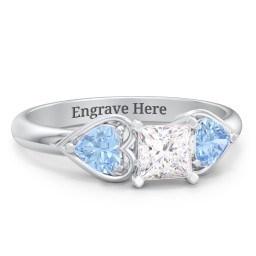 1/2 ct. Princess Gemstone Engagement Ring with Heart Stones in 925 Sterling Silver with White Premium Zirconia and Blue Topaz