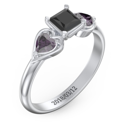 1/2 ct. Princess Gemstone Engagement Ring with Heart Stones – Sterling Silver with Black Premium Zirconia and Alexandrite