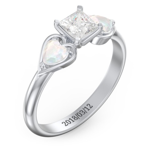 1/2 ct. Princess Gemstone Engagement Ring with Heart Stones – Sterling Silver with White Premium Zirconia and Opal