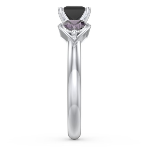 1/2 ct. Princess Gemstone Engagement Ring with Heart Stones – Sterling Silver with Black Premium Zirconia and Alexandrite