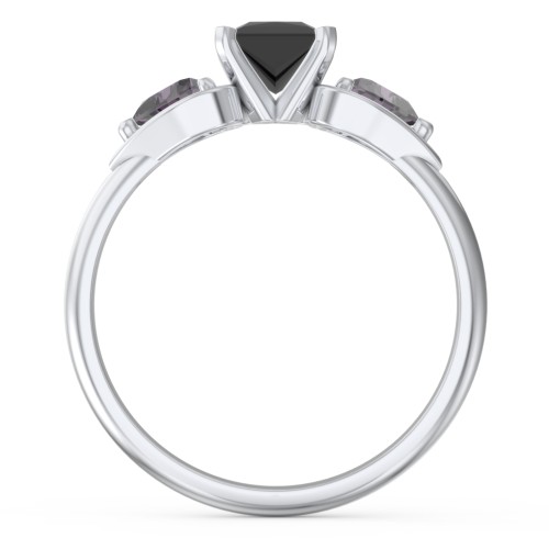 1/2 ct. Princess Gemstone Engagement Ring with Heart Stones – Sterling Silver with Black Premium Zirconia and Alexandrite