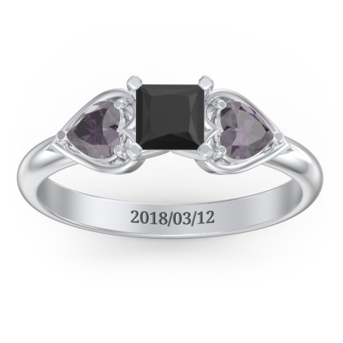 1/2 ct. Princess Gemstone Engagement Ring with Heart Stones – Sterling Silver with Black Premium Zirconia and Alexandrite