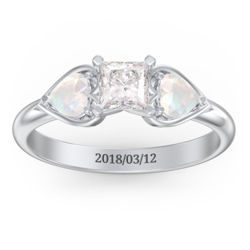 1/2 ct. Princess Gemstone Engagement Ring with Heart Stones – Sterling Silver with White Premium Zirconia and Opal
