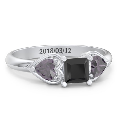 1/2 ct. Princess Gemstone Engagement Ring with Heart Stones – Sterling Silver with Black Premium Zirconia and Alexandrite