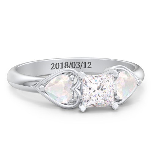 1/2 ct. Princess Gemstone Engagement Ring with Heart Stones – Sterling Silver with White Premium Zirconia and Opal