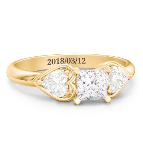 1/2 ct. Princess Gemstone Engagement Ring with Heart Stones – 10K Yellow Gold with White Premium Zirconia and Cubic Zirconia