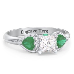 1/2 ct. Princess Gemstone Peek-A-Boo Engagement Ring with Heart Stones in 925 Sterling Silver with White Premium Zirconia and Emerald