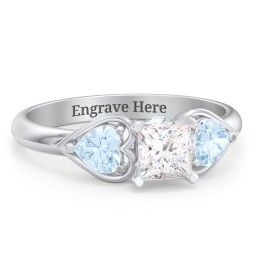 1/2 ct. Princess Gemstone Peek-A-Boo Engagement Ring with Heart Stones in 925 Sterling Silver with White Premium Zirconia and Aquamarine
